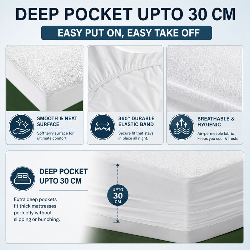 Soft Terry Towel Waterproof Mattress Protector Breathable Noiseless Fitted Bed Cover, Double (4'6)
