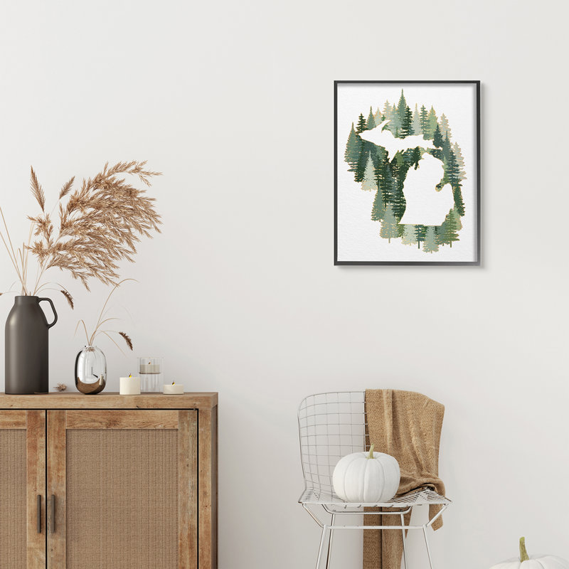 Michigan State Outline, pin vert, forêt, H 30 po x l 24 po, Giclée encadrée noir minuit