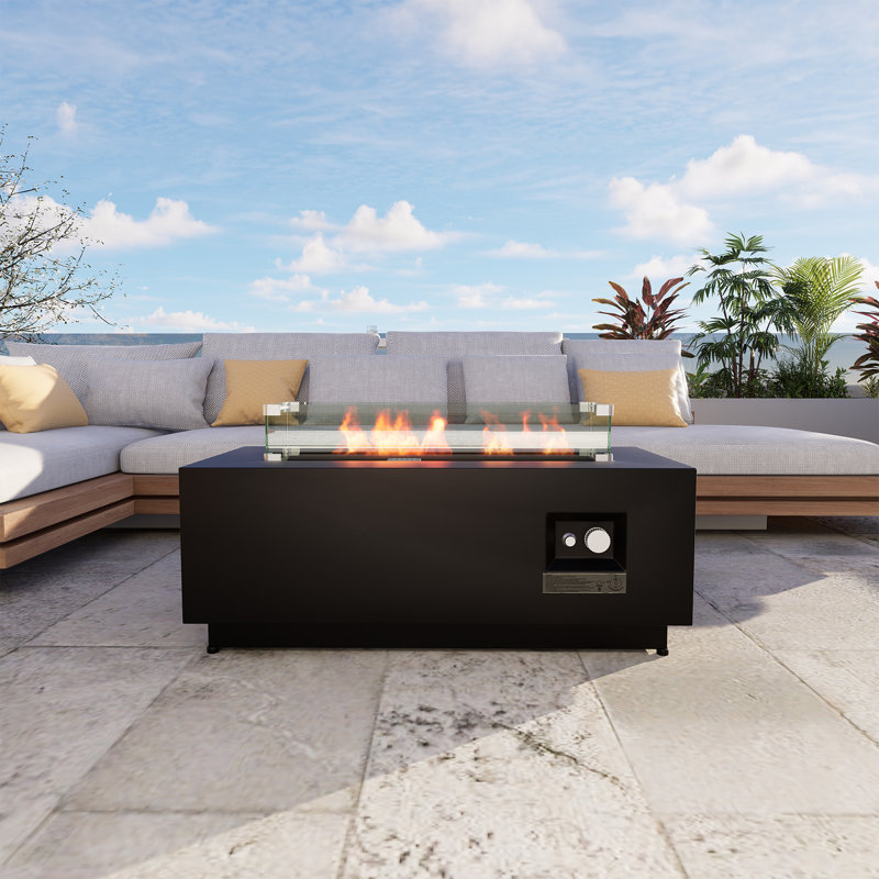 Aerin Rectangle Steel Propane Fire Pit Table with Lid, Black
