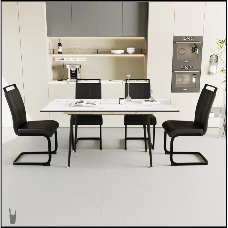 Ensemble de table de salle à manger extensible de 47 à 63 pouces avec chaises sans accoudoirs rembourrées en forme de C et table spacieuse élégante, pieds en métal