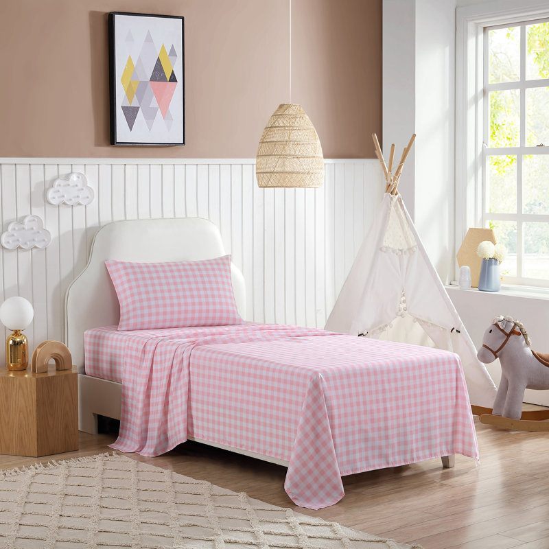 Twin Pink Plaid Polyester Microfiber Kids Sheet Set