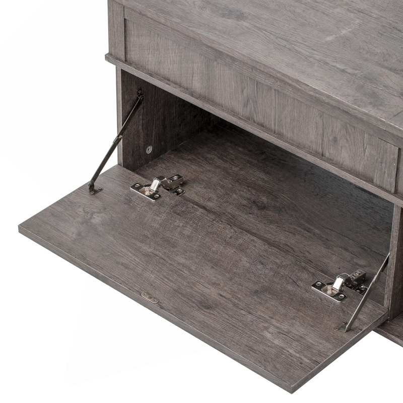 Table basse à plateau relevable avec compartiment caché, tablette ouverte et bureau réglable, Brun antique