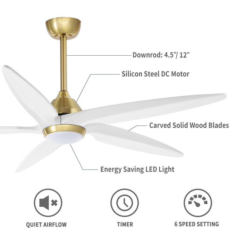 Chanille 5-Blade Solid Wood Ceiling Fan with LED Light and Remote Control, Gold, White, 54"