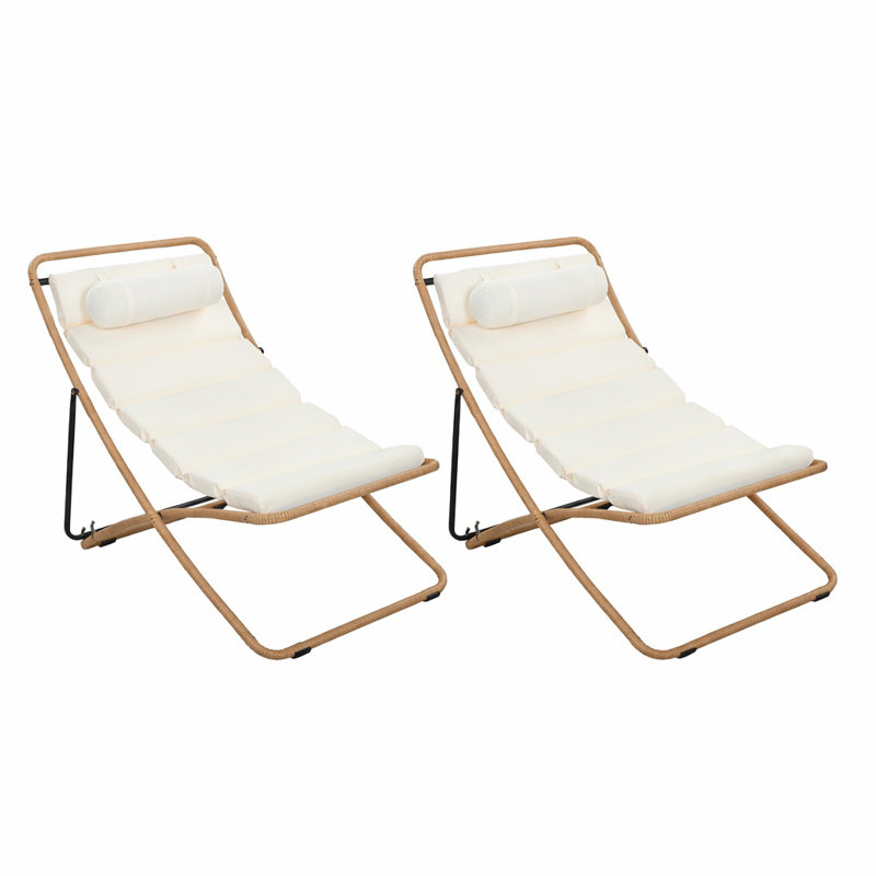 2 Piece Outdoor Folding Rattan Lounge Chair With Adjustable Backrest, Thick Cushion, Headrest For Patio Beach