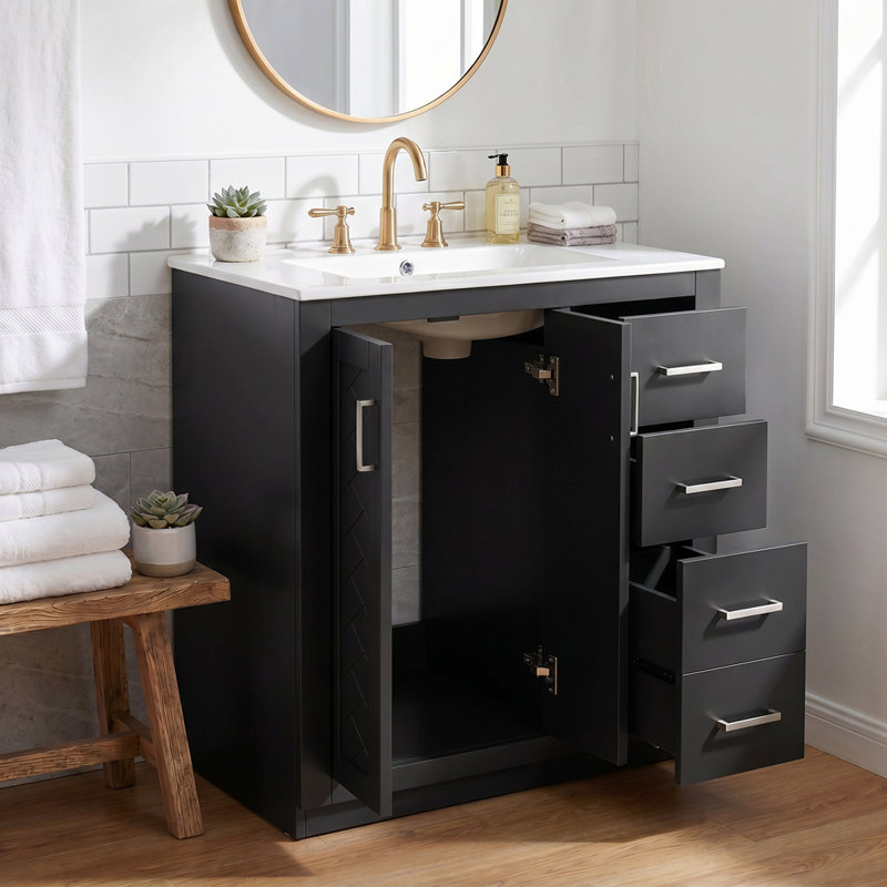 Meuble-lavabo de salle de bain autoportant en bois massif de 30 po avec plateau à 2 tiroirs et portes à fermeture en douceur intégré noir
