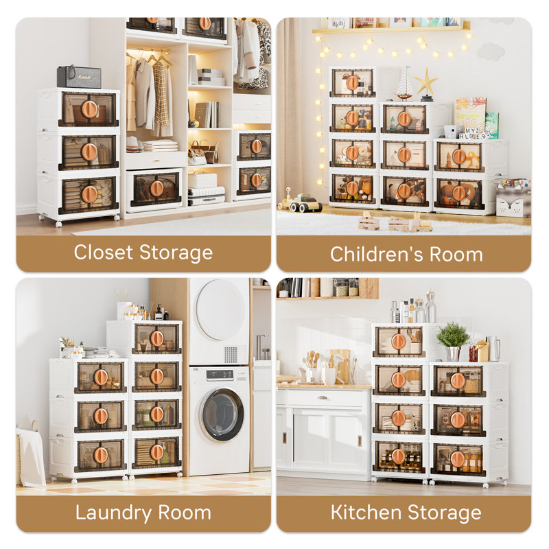 Jeko&Jeko 249Qt Lockable Stackable Storage Bins With Lids, Collapsible Closet Organizer With Wheels, Plastic Cabinet Drawer For Clothes 3 Pack (White)