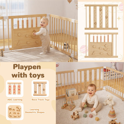 Parc pour bébé en bois naturel, 8 panneaux, porte et jouets inclus. Facile à assembler, grand parc portatif pour bébés et jeunes enfants, fabriqué en pin naturel.