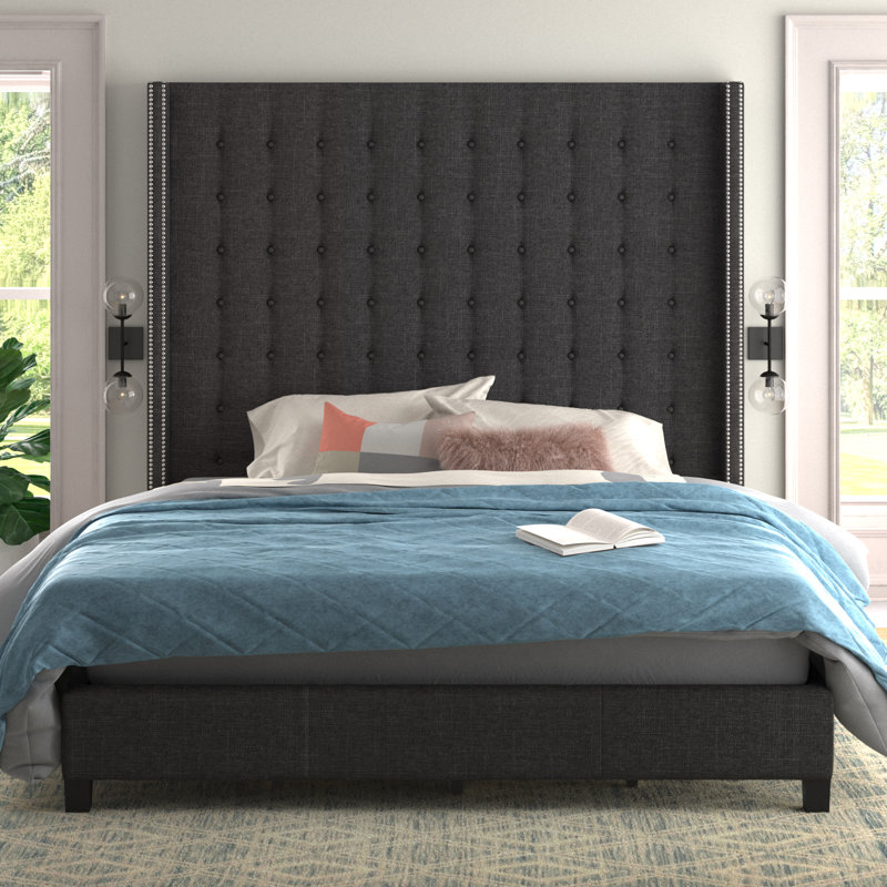Kaster Upholstered Wingback Bed, Heathered Dark Grey Linen, Eastern King
