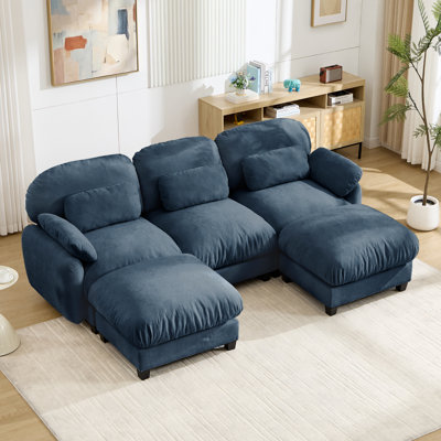 Canapé d'angle 3 places en forme de U, effet nuage, avec 2 poufs amovibles, canapé modulable en chenille douce, assise large et profonde, agencement libre pour grand salon, bleu