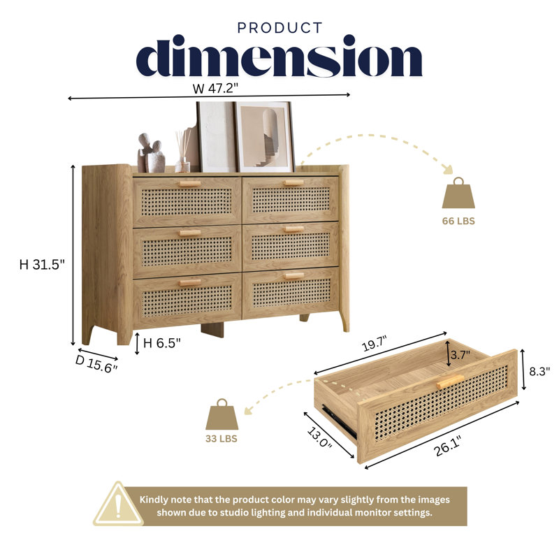 Rattan-Inspired 6 Drawer Dresser for Bedroom, 47.2″ W Modern Wide Chest of Drawers, Wood Storage Organizer for Clothes, Entryway, Hallway, Nursery or Living Room, Oak