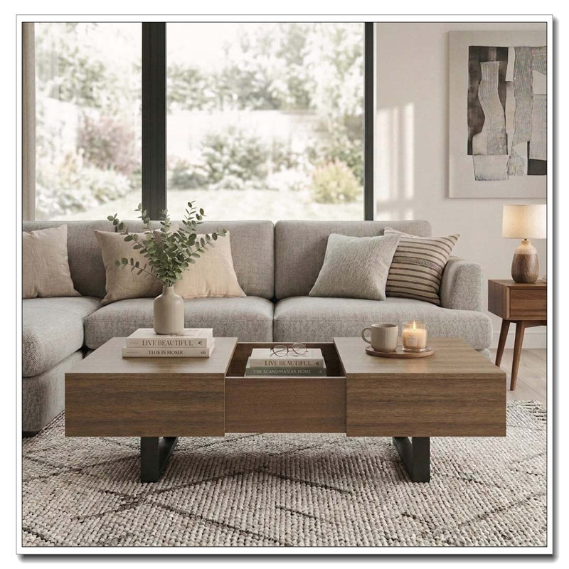 Table basse coulissante avec rangement dissimulé, Noyer