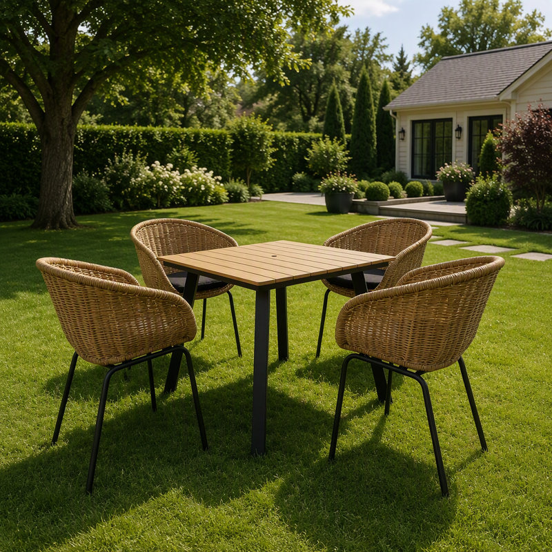 Table de salle à manger carrée avec trou pour parasol, structure en fer robuste et plateau en composite bois-plastique pour une utilisation toutes saisons