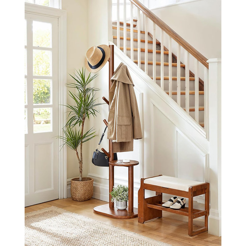 Portemanteau autoportant avec 8 crochets, étagère de rangement, base en bois massif, grand porte-manteau pour manteaux, chapeaux, sac dans le vestibule, chambre à coucher, salon