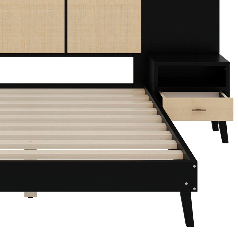 Structure de lit grand en bois massif avec 2 tables de chevet, Noir