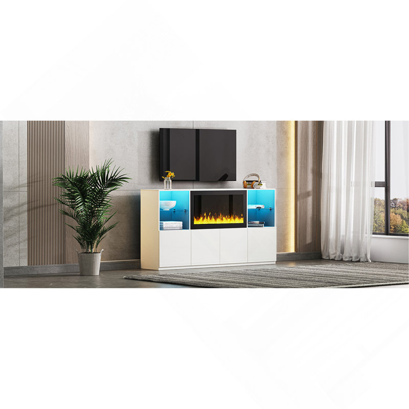 High Gloss TV Stand With LED Lights, Modern Sideboard With Large Storage Cabinet, Media Console With Tempered Glass Shelves For Tvs Up To 75", Living Room, White, 67"Wx13.7"D
