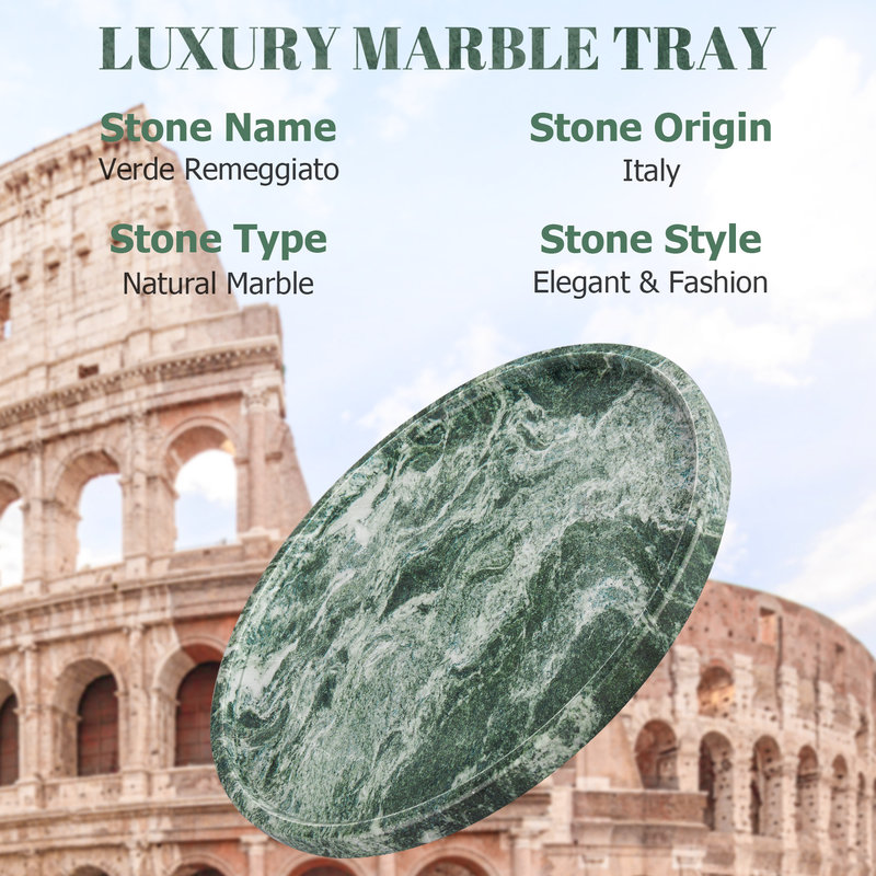 Guein 12” Round Natural Marble Tray, Verde Remeggiato