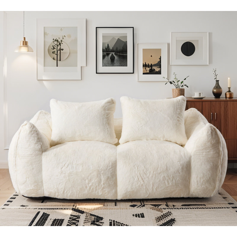 Fauteuil à billes 75,2 po pour adultes - Tissu lapin ultra doux avec coussins, aucun assemblage requis, Blanc