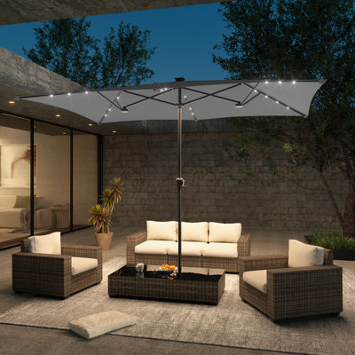 11x7Ft LED Patio Table Double-Sided Umbrellas with UV-Resistant Canopy and Crank for Garden, Deck and Poolside