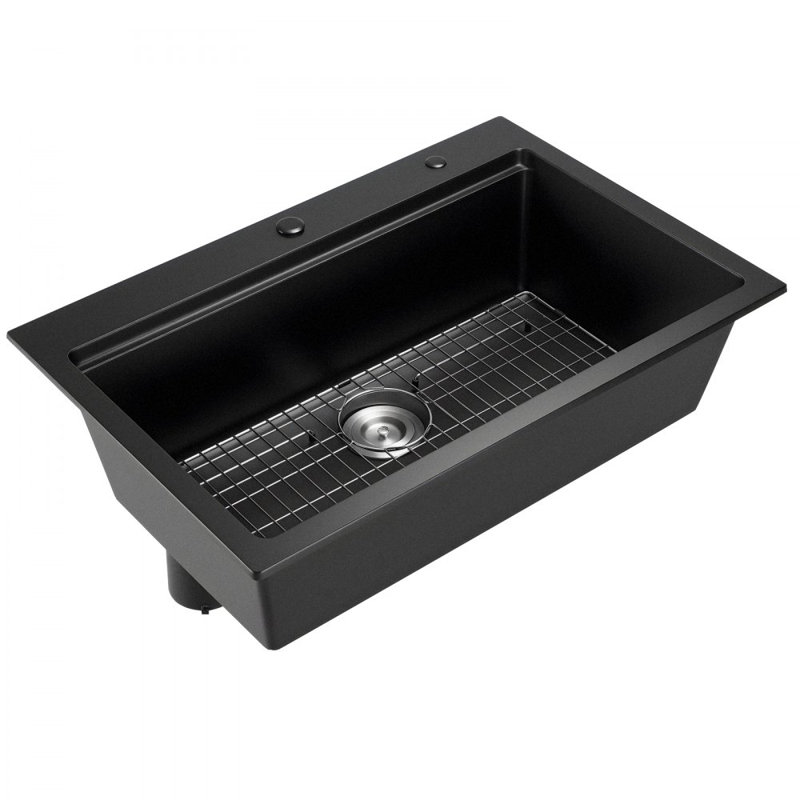 Station de travail d'évier de cuisine de 33 po, éviers en granite à montage sur le dessus, lavabo de ferme à cuve simple avec plusieurs accessoires, évier de lave-vaisselle domestique pour véhicule récréatif, cuisine de préparation et bar (noir)