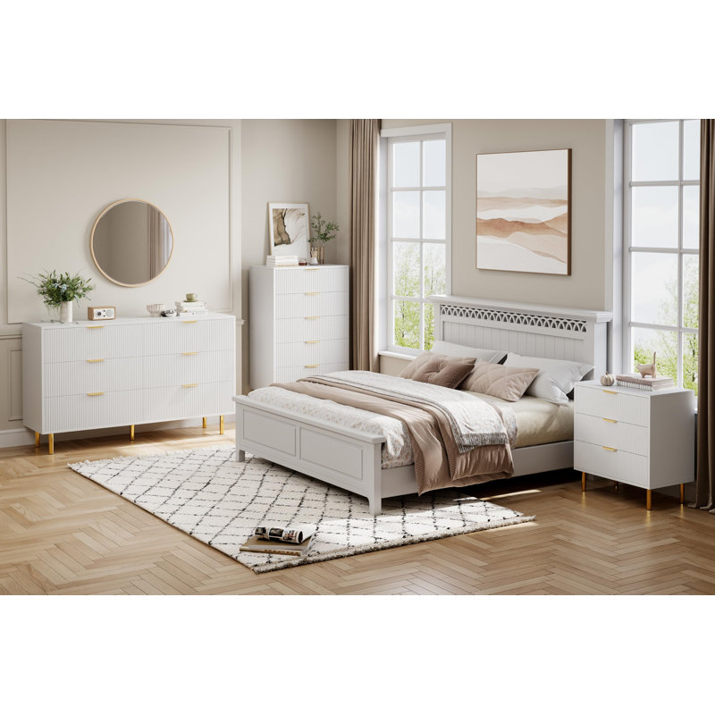 Commode 5 tiroirs pour la chambre à coucher, commode haute 48 po, rangement pour commode moderne en bois, Blanc