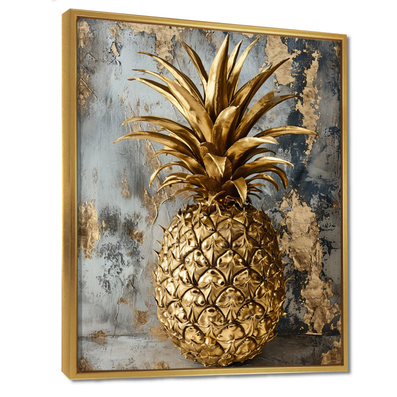 Golden Glam Pineapple - Ananas, art mural, H 20 po x l 12 po x P 1 po, Toile avec cadre flottant or