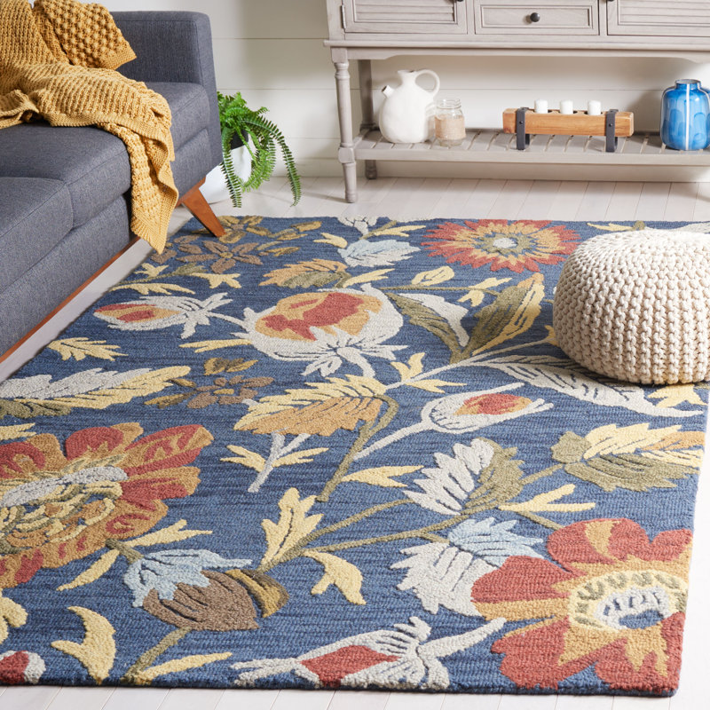 Marilyn Hand Tufted Wool Cotton Floral Rug in Navy Blue/Red, Rectangle 5' x 8'