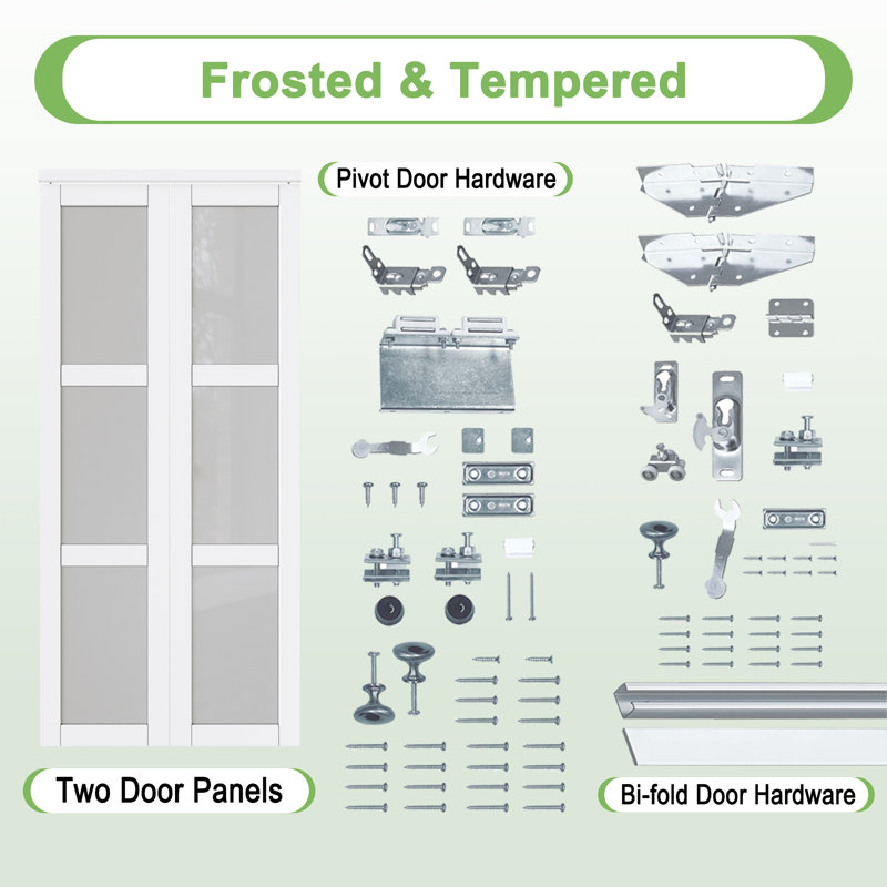 Forested Glass Solid Core Manufactured Wood Pivot-French Or Bi-Fold Doors with Hardware Kit, 36" x 80"