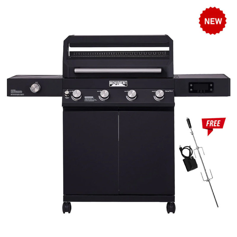 Barbecue au propane noir à 4 brûleurs Monument Grills Denali 425 avec couvercle Clearview, brûleur latéral, contrôle de l'application Bluetooth et affichage à DEL - idéal pour les barbecues en famille