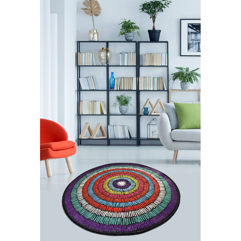 Stylish Round Carpet, 55.1 in Diameter, Soft 100% Polyester, 0.4 in Pile Height | Antibacterial, Non-Slip Underside, Machine Washable at 86°F | Ideal for Living Room, Bedroom, & Play Areas, Durable & Easy to Maintain