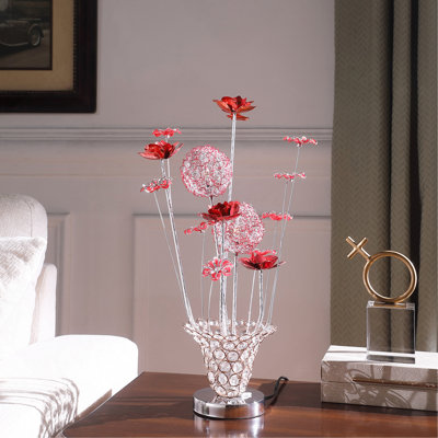 Lampe de table décorative, DEL, vase en cristal Red Roses Trumpet, chrome 21 po