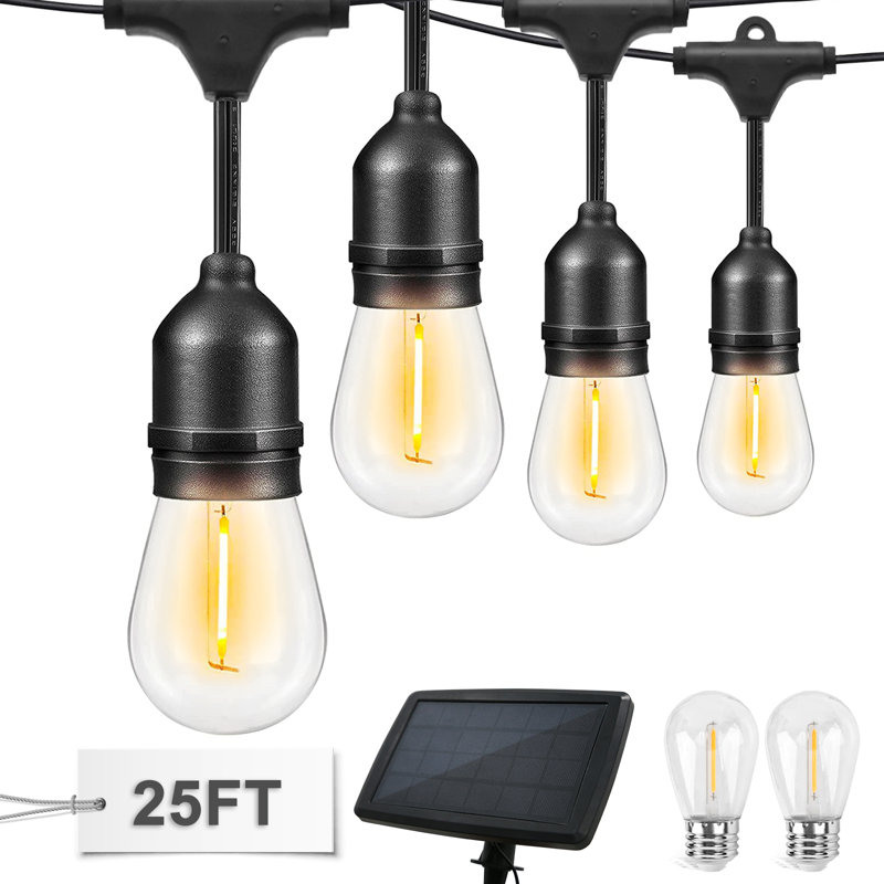 25' Black Solar Powered Outdoor String Lights with Clear Bulbs