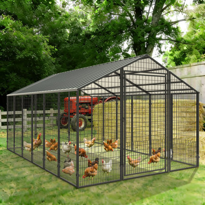 12 FT x 8 FT Walk-in Metal Chicken Coop, Universal Poultry Pen with Galvanized Metal Roof with Specious Activity Space
