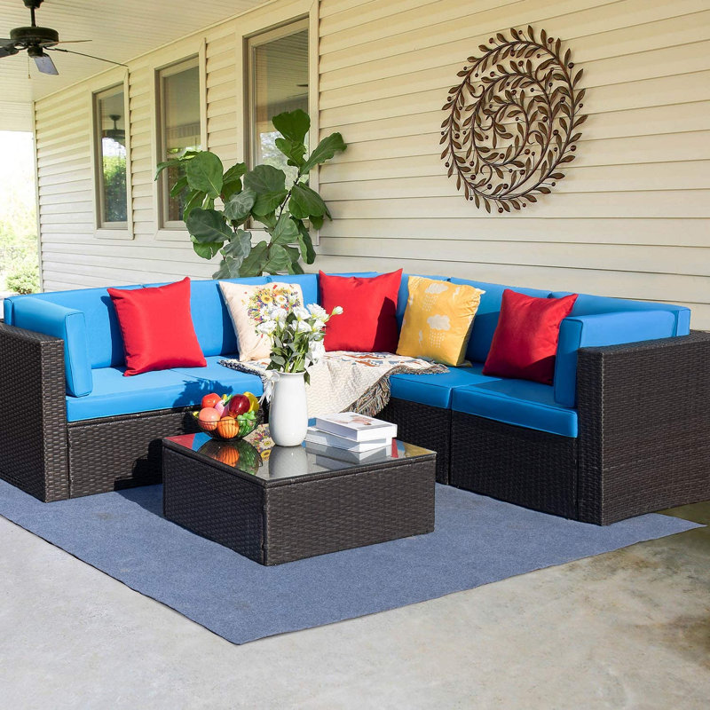 Christopher Wicker 5 - Person Modular Patio Conversation Set with Cushions, Blue