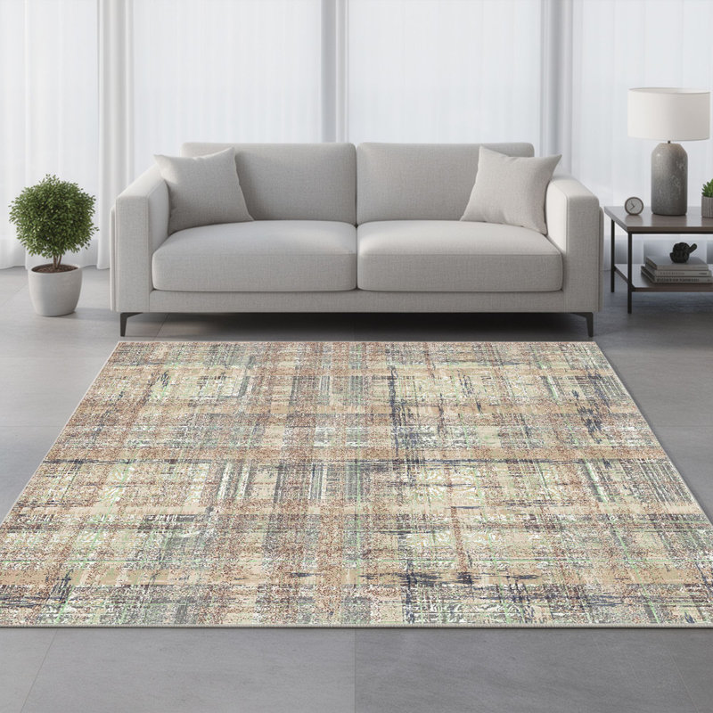 Tapis en coton de qualité supérieure (2,6 x 4,9 pi), vison et vert / gris | 100% coton, 3,9 oz / pied carré, antibactérien, dessous en PVC antidérapant, velours de 0,4 po | Lavable à la machine, doux et durable pour le salon et la chambre à coucher