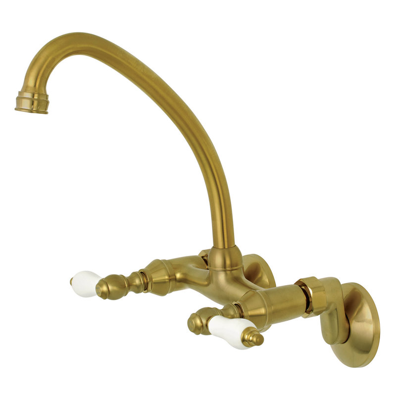 Kingston Brass Kingston Double-Handle 2-Hole Wall-Mount Bridge Kitchen Faucet, Satin Brass