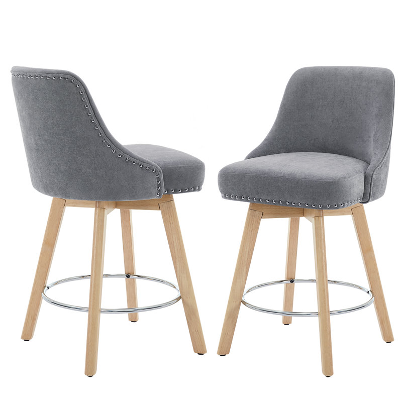 26'' Swivel Counter Height Barstool with Back for Kitchen Island,Nailhead Trims and Solid Wood Frame, Dark Gray, 2