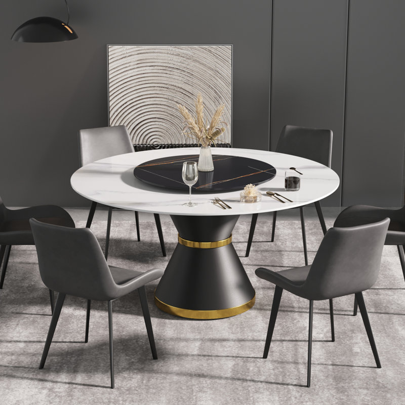 Ryding Modern Round Sintered Stone Dining Table with Rotating Tray, White/Black, 29.5" H x 59" L x 59" W