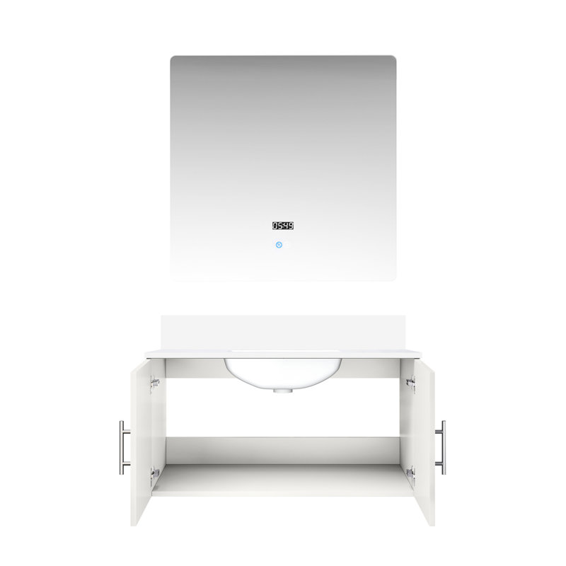 36 po Miroir à DEL et meuble-lavabo blanc brillant avec comptoir en marbre - fermeture en douceur, teinture, grand rangement
