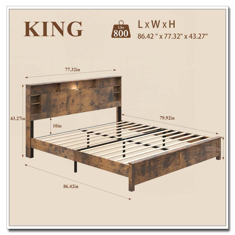 Bed Frame with Charging Station & LED Lights, KING