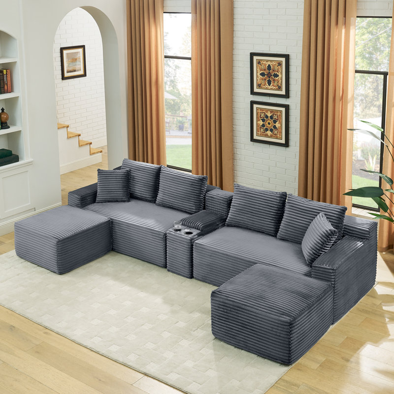 Modular Boneless Corduroy Sectional with Storage Console & USB No Assembly, Gray