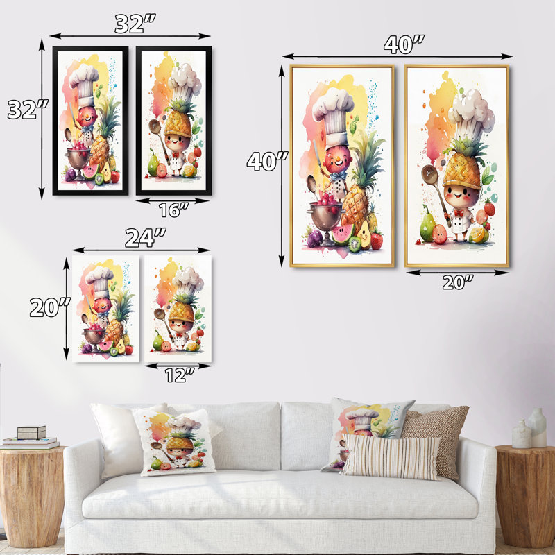 «Cute Chef Cooking With Fruit», 2 pièces sur toile, Cadre blanc, H 24 po x l 20 po