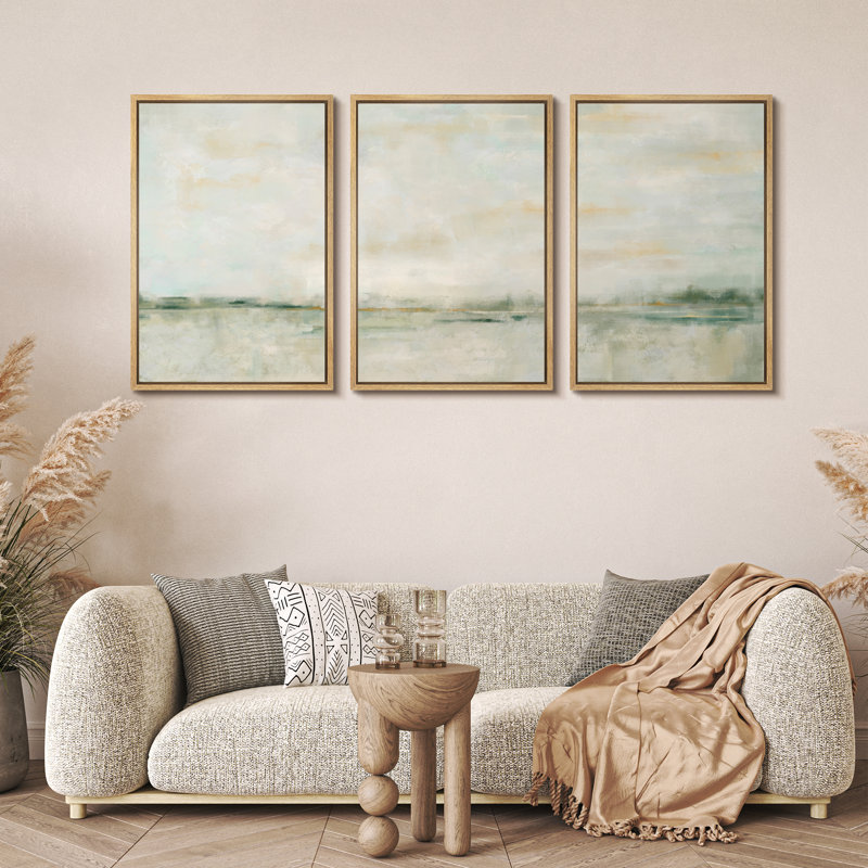 Minimal Landscape Grunge Green Pastel  Abstract Illustrations Framed Canvas 3 Pieces Print Wall Art, 36" H x 24" W x 1.5" D