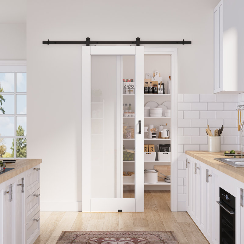32 po x 80 po x 1 po en verre clair avec surface préfinie avec toute la quincaillerie de porte de grange, 32 po x 80 po