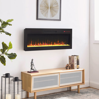 Recessed Tempered Glass Front Wall Mounted Electric Fireplace With Remote, Multi-Color Flame & Ember Bed, LED Light Heater