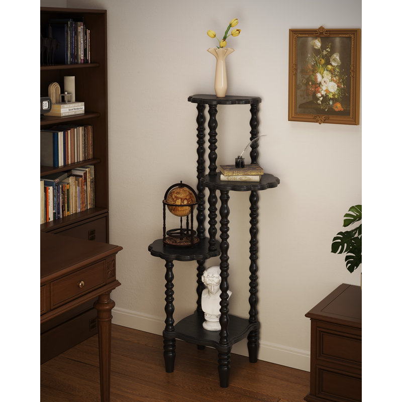 4-Tier Solid Wood Corner Display Shelf, Handcrafted Vintage Freestanding Corner Bookshelf for Office, Living Room, Bedroom, Black