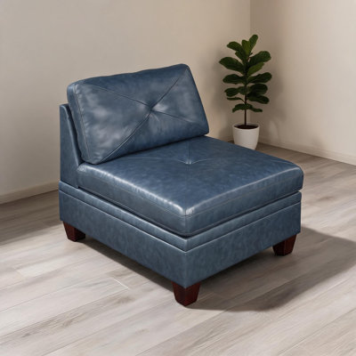 Fauteuil de chambre contemporain sans accoudoirs luxueux en cuir véritable capitonné bleu