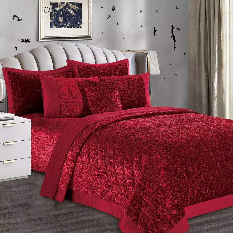 Polyester Bedspread with Pillow Shams, Red 1, Super King Quilt + 2 Standard Shams
