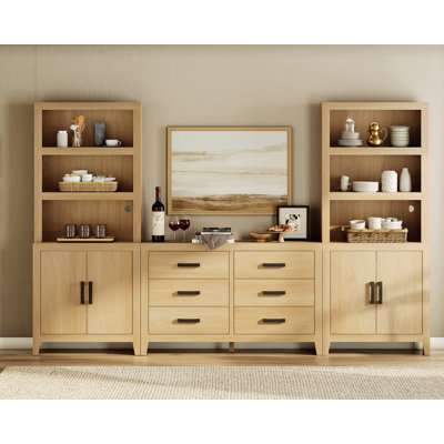 Modular Kitchen Pantry With 6 Drawers And 2 Doors, 74.2" Tall Wood Open Storage Cupboard, Farmhouse Pantry Cabinet With Adjustable Shelf For Dining Room,Living Room, Oak