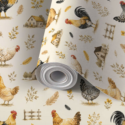 Peel and Stick Wallpaper Contact Paper Farmyard Chicken Rooster Self Adhesive and Removable 17.7in x 118in(45x300cm)