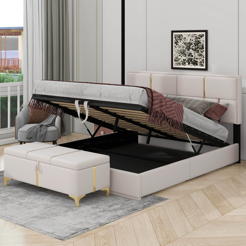 Ensemble de chambre à coucher 2 pièces, grand lit plateforme tapissier avec système de rangement hydraulique